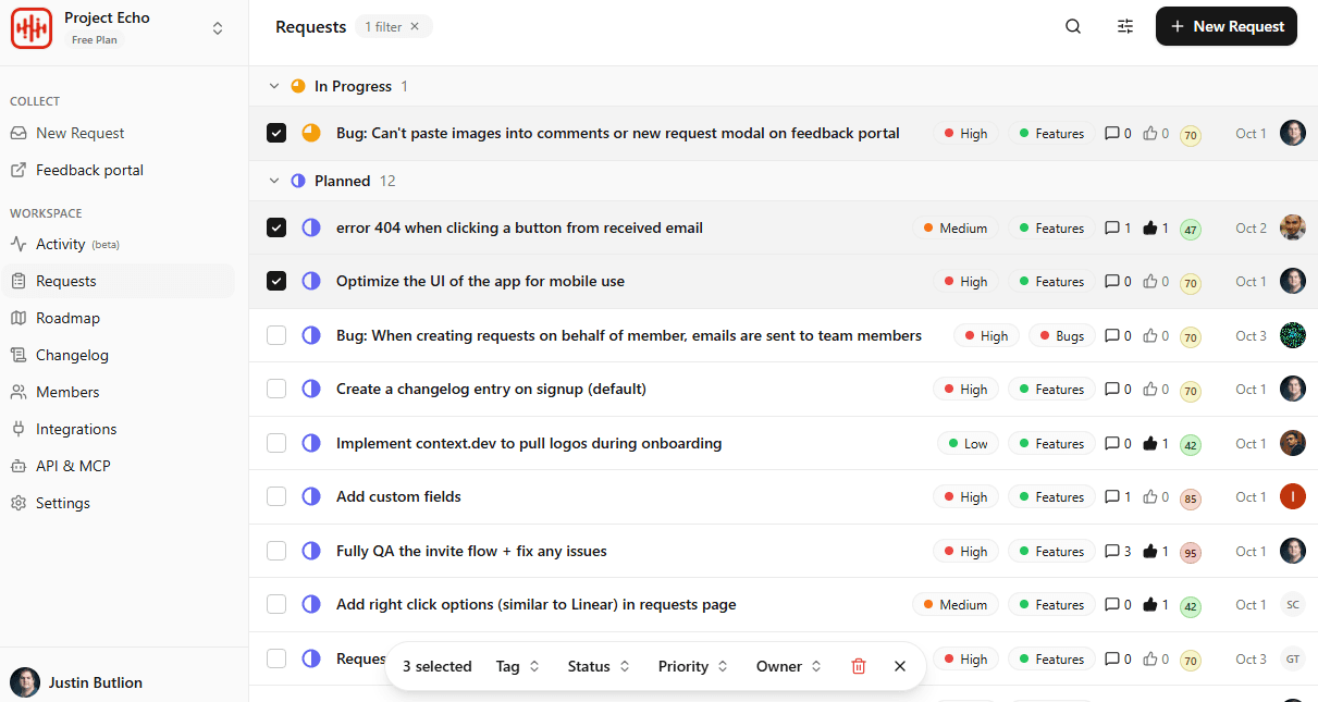 Project Echo requests workspace showing feedback and feature requests